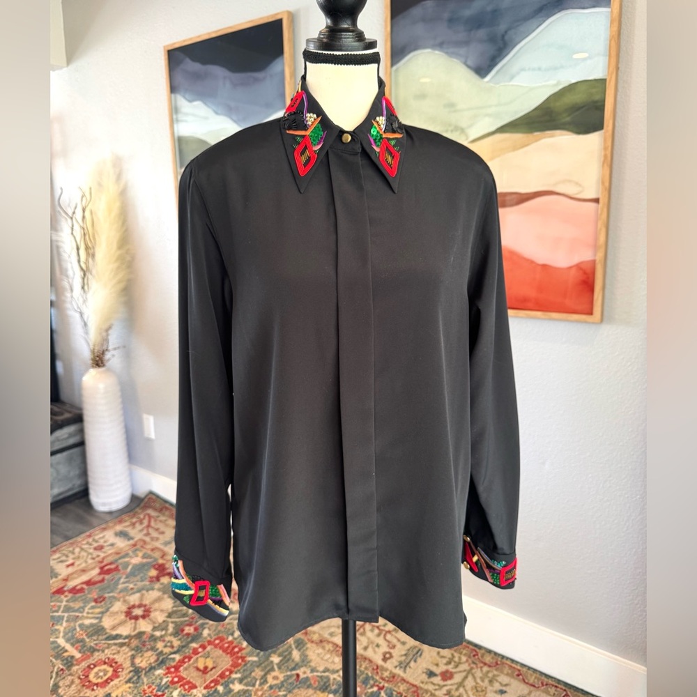 Yves St. Clair Black Shirt with Red and Green Accents